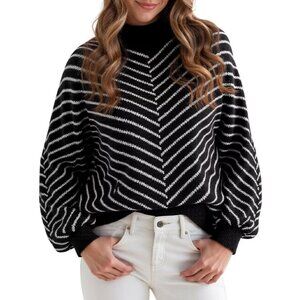 Women's Striped Winter Sweaters Turtleneck Lantern Sleeve Knit Sweater Black